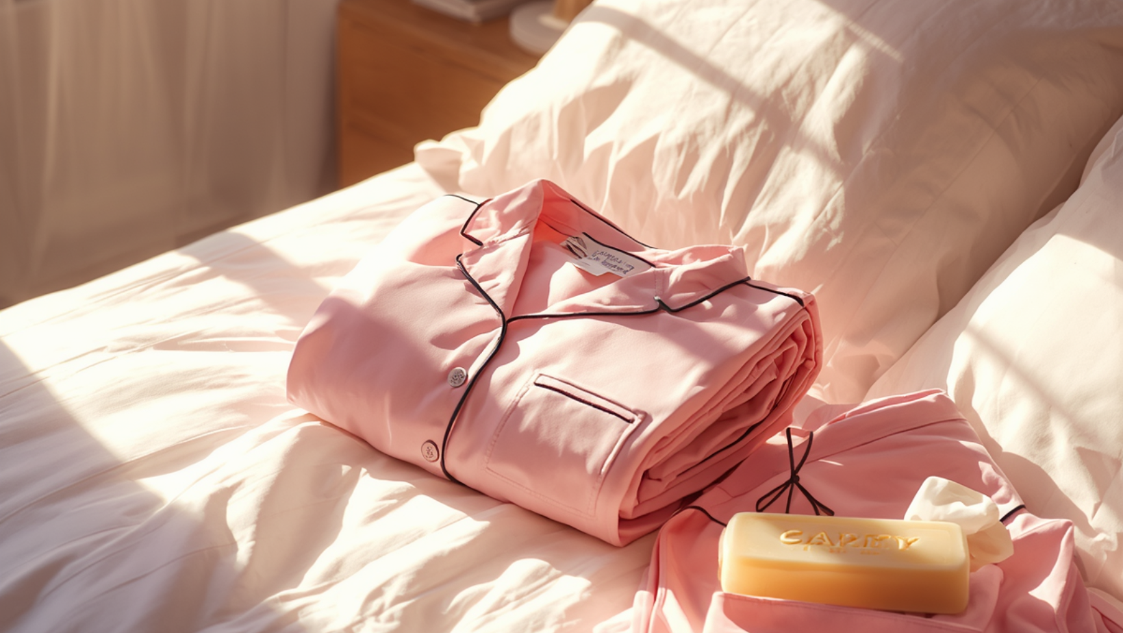 cama arrumada, pijama dobrado e sabonete
